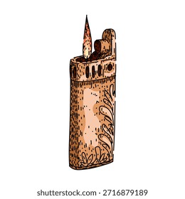 Clássico mais leve gerando uma chama quente e constante, representando utilidade, calor e iluminação, desenhado em um detalhado estilo de desenho à mão esboçado em um fundo branco