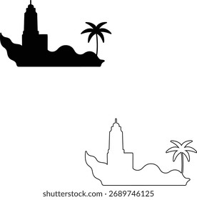 Ein klassischer Leuchtturm und eine hohe Palme sind als schwarze Silhouetten und Umrisse auf einem sauberen weißen Hintergrund dargestellt.