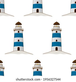 Classic lighthouse vector illustration. Blue beacon seamless pattern. Marine navigation building. Coastal pharos beacon screed. Lighthouse on sea. Hope and salvation symbol. Harbor marine summer print