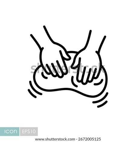 A classic line vector icon of hands kneading a ball of dough. This symbol represents the process of baking and making homemade bread. Perfect for recipe websites or bakery apps.