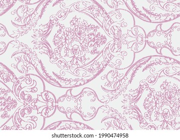 classic linear damask jacquard pattern seamless with small flowers pink  geometric ornament for design template. Luxury element in Eastern style. Ornate decoration for wallpaper, background, curtain