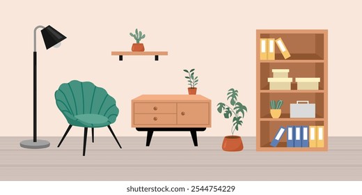 Classic living room. Bookshelf. Living room desk. Potted plant. Modern sofa. Classic interior house. 