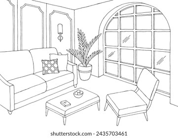 Classic living room graphic black white home interior sketch illustration vector