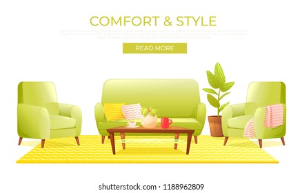 Classic living room home interior design banner. Landing Page Website conept. Comfortable armchair with a plant in a room with retro wallpaper. Vector illustration