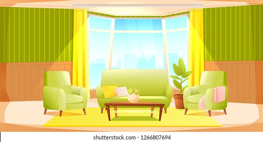 Classic living room home interior design banner. Comfortable armchair with a plant in a room with retro wallpaper. Vector cartoon illustration