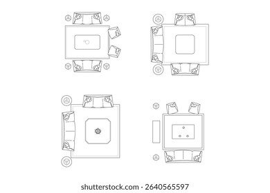 Classic Living Room Sofa Arrangement Floor Plans. Vector Lines Black on White Background.