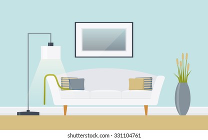 Classic living room with sofa, picture, standard-lamp and vase. Lounge concept interior with classic, modern furniture . Flat design, minimalist style. Vector illustration - 10 EPS - for your project