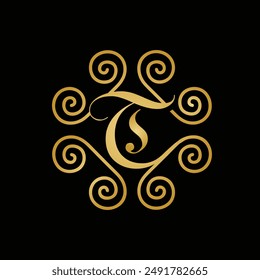 A classic logo of initial letter T in classic serif font inside a classic diamond shape that looks elegant and expensive in gold color on a black background as a jewelry product logo 


