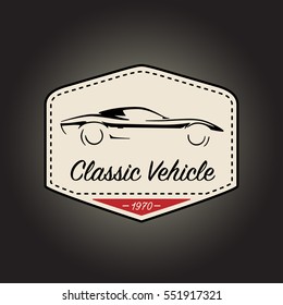 Classic logo of vintage motor sports vehicle with retro car icon badge design on black background. Vector illustration.