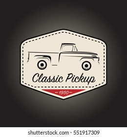 Classic logo of vintage pickup motor vehicle with retro icon badge design on black background. Vector illustration.