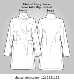 Classic Long Sleeve Coat With High Collar Fashion Detailed Flat Technical Scheme