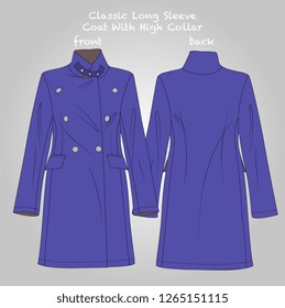 Classic Long Sleeve Coat With High Collar Fashion Detailed Flat Technical Scheme