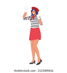 Classic Look French Mime Female Character Showing Pantomime Holding Hands On Invisible Wall Isolated On White Background. Woman In Striped Shirt, Red Beret, White Gloves. Cartoon Vector Illustration