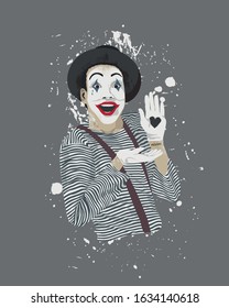 Classic look french mime showing pantomime about love. French mime illustration wearing a striped shirt, black hat, white gloves, and make up asks yes or no.