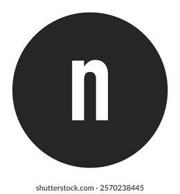 Classic lowercase letter n icon in white centered on a solid black circular background. Suitable for branding, labels, and professional graphic design projects.