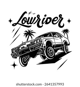 Classic lowrider car silhouette with palm trees and stars, a striking retro design.