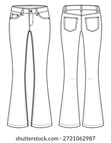 Classic Women’s Low-Rise Flared Jeans Technical Fashion Illustration. Bootcut Denim Pants. Front and Back Views. Classic Streetwear. CAD Mockup Set.
