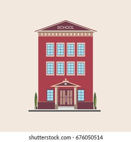 Classic low-rise school building front view. Colorful flat vector illustration.