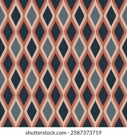 Classic lozenge design with a modern grey, orange, and black rhombus design on a beige background. Seamless geometric pattern. Abstract vector illustration.