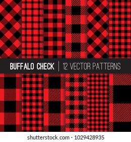 Classic Lumberjack Red and Black Buffalo Check Plaid Vector Pixel Patterns. Flannel Shirt Textile Prints. Trendy Hipster Style Backgrounds. Repeating Pattern Tile Swatches Included.