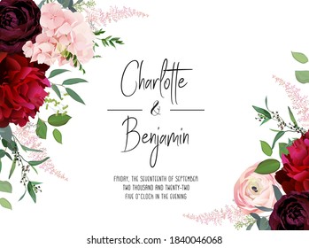 Classic luxurious burgundy red peony, dark and blush ranunculus, dusty pink hydrangea, astilbe, eucalyptus vector design wedding card. Elegant fall wedding flowers invitation. Isolated and editable
