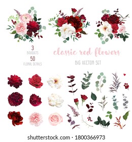 Clásicas lujosas rosas rojas y de pavo, clavel rosado, ranunculus, dahlia, peonía blanca, berry, astilbe, eucalipto gran conjunto de diseño vectorial. Elegantes ramas de flores para bodas. Aislado y editable.