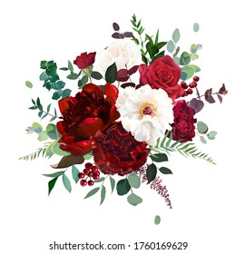 Classic luxurious red rose, carnation, white peony, berry, burgundy astilbe, emerald eucalyptus, greenery vector design wedding bouquet. Elegant wedding bunch of flowers. Isolated and editable