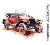 classic luxury 1910-1930 open red car in watercolor illustration