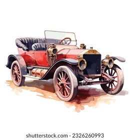 classic luxury 1910-1930 open red car in watercolor illustration