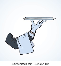 Classic luxury elegant male server palm give salver on white backdrop. Black color drawn picture order logo sign sketchy in retro art doodle cartoon graphic style with space for text Classic luxury elegant male server palm give salver on white backdrop. Black color drawn picture order logo sign sketchy in retro art doodle cartoon graphic style with space for text
