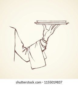 Classic luxury elegant male server palm give salver on white backdrop. Freehand outline drawn order logo sign sketchy in retro art doodle cartoon etching graphic style pen on paper with space for text