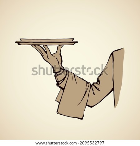 Classic luxury elegant male server palm give salver on white bar pub saloon backdrop. Freehand outline drawn picture human order logo sign emblem retro art doodle line cartoon graphic style text space