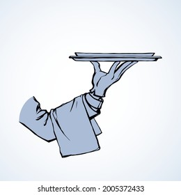 Classic luxury elegant suit male server palm give big silver salver white text space backdrop. Outline drawn picture order logo sign emblem pictogram retro art doodle cartoon etch graphic print style