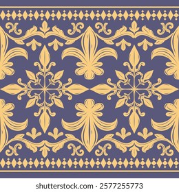 Classic Luxury Glamorous Fler de lis Rococo Baroque Design. Golden Elaborate Scroll Ornament Florals Lily Decoration on Navy Blue Background Pattern. Detailed Perfect Opulence Victorian Border Stripe.