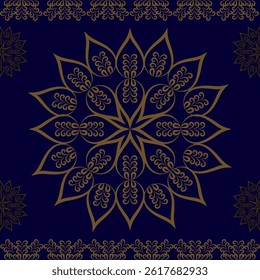 Classic luxury mandala floral pattern. Hand drawn cultural and spiritual pattern design. Golden lines on dark blue background.
