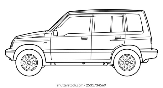 Clásico coche de lujo viejo suv. Foto de vista frontal de coche cruzada. Ilustración vectorial de doodle. Diseño para imprimir, libro para colorear.