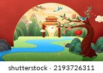 Classic luxury oriental style background. Chinese garden landscape illustration with Asian gate, river, mountains and palm blossom tree.