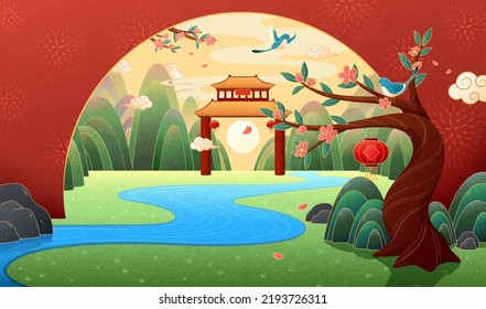 Classic luxury oriental style background. Chinese garden landscape illustration with Asian gate, river, mountains and palm blossom tree.