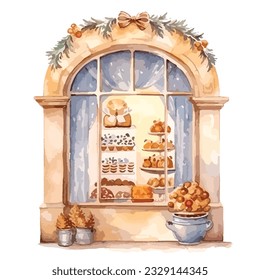 classic luxury pastry shop window display on christmas in watercolor illustration