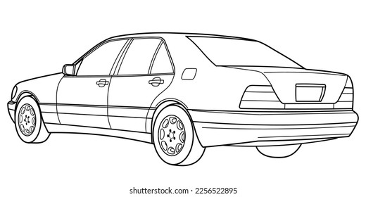 El lujoso auto sedán clásico de los 90. Toma de vista lateral y 3d. Ilustración vectorial del doodle de esquema. Diseño para la impresión, libro de colorear