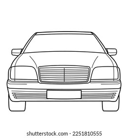 Classic luxury sedan car. Front view shot. Outline doodle vector illustration. Design for print, coloring book