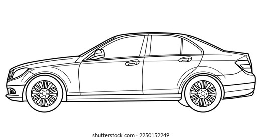 Classic luxury sedan car. Side view shot. Outline doodle vector illustration. Design for print, coloring book