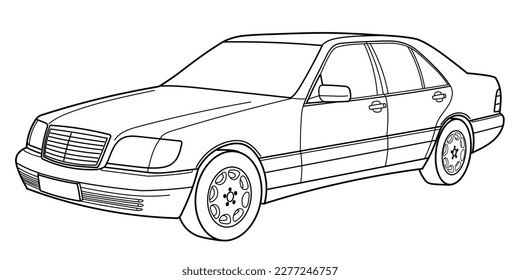 Un auto sedán de lujo clásico. Captura de vista lateral y frontal. Ilustración vectorial del doodle de esquema. Diseño para la impresión, libro de colorear