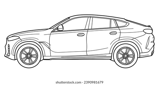 Classic luxury sport coupe suv car. Crossover car front view shot. Outline doodle vector illustration. Design for print, coloring book	
