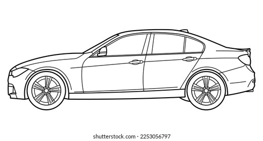 Classic luxury sport sedan car. Side view shot. Outline doodle vector illustration. Design for print, coloring book