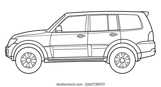 Classic luxury suv car. Crossover car side view shot. Outline doodle vector illustration. Design for print, coloring book	
