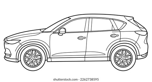 Classic luxury suv car. Crossover car side view shot. Outline doodle vector illustration. Design for print, coloring book	
