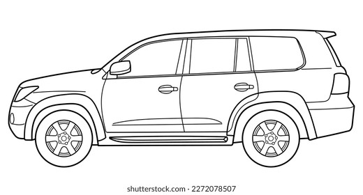 Classic luxury suv car. Crossover car front view shot. Outline doodle vector illustration. Design for print, coloring book.	