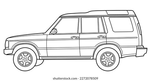 Classic luxury suv car. Crossover car front view shot. Outline doodle vector illustration. Design for print, coloring book.	