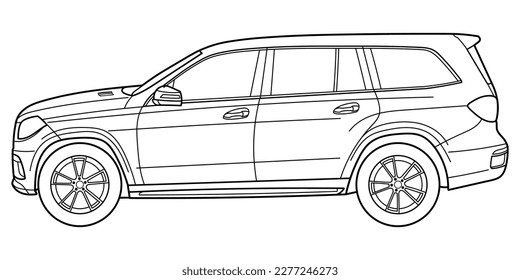 Classic luxury suv car. Crossover car front view shot. Outline doodle vector illustration. Design for print, coloring book.	
